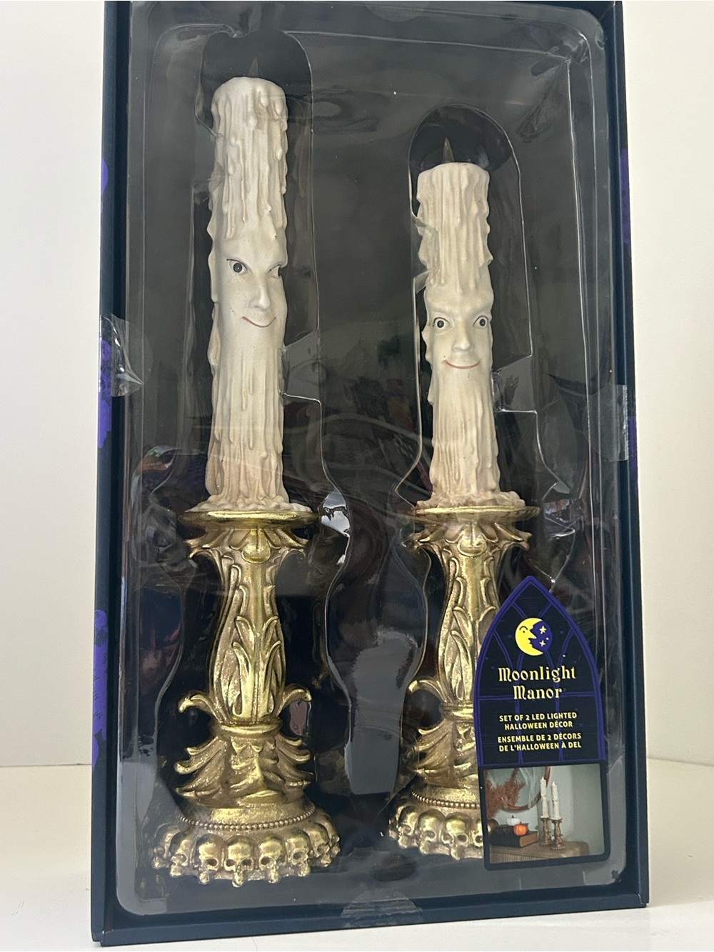 Moonlight Manor Gold LED Light Up Taper Candleholder Set Halloween Decor NEW